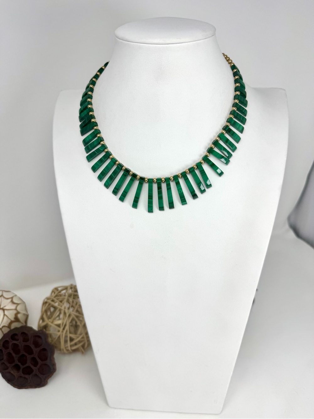 Vintage Artisan Malachite Egyptian Bib Fringe Necklace
